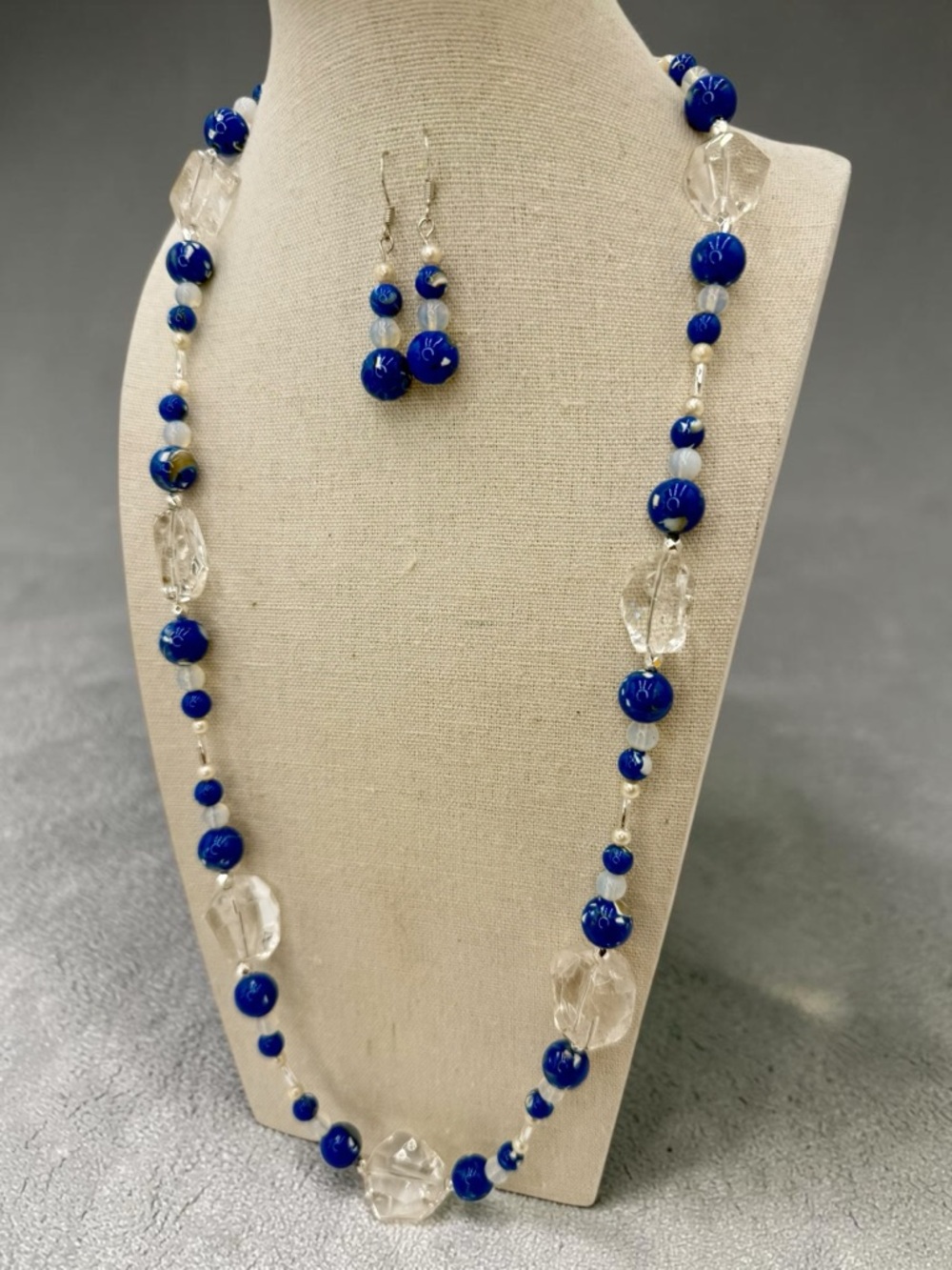 Artisan Crystal Quartz AAA Opalite Genuine Pearl Necklace Set Blue MOP Beads 24”